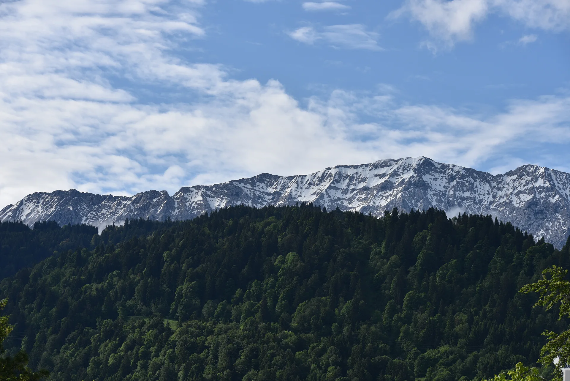 푸른 숲과 대비되는 만년설의 웅장한 산맥 · Zugspitze, 가르미슈파르텐키르헨, 바이에른, 독일 · 2016-05-31