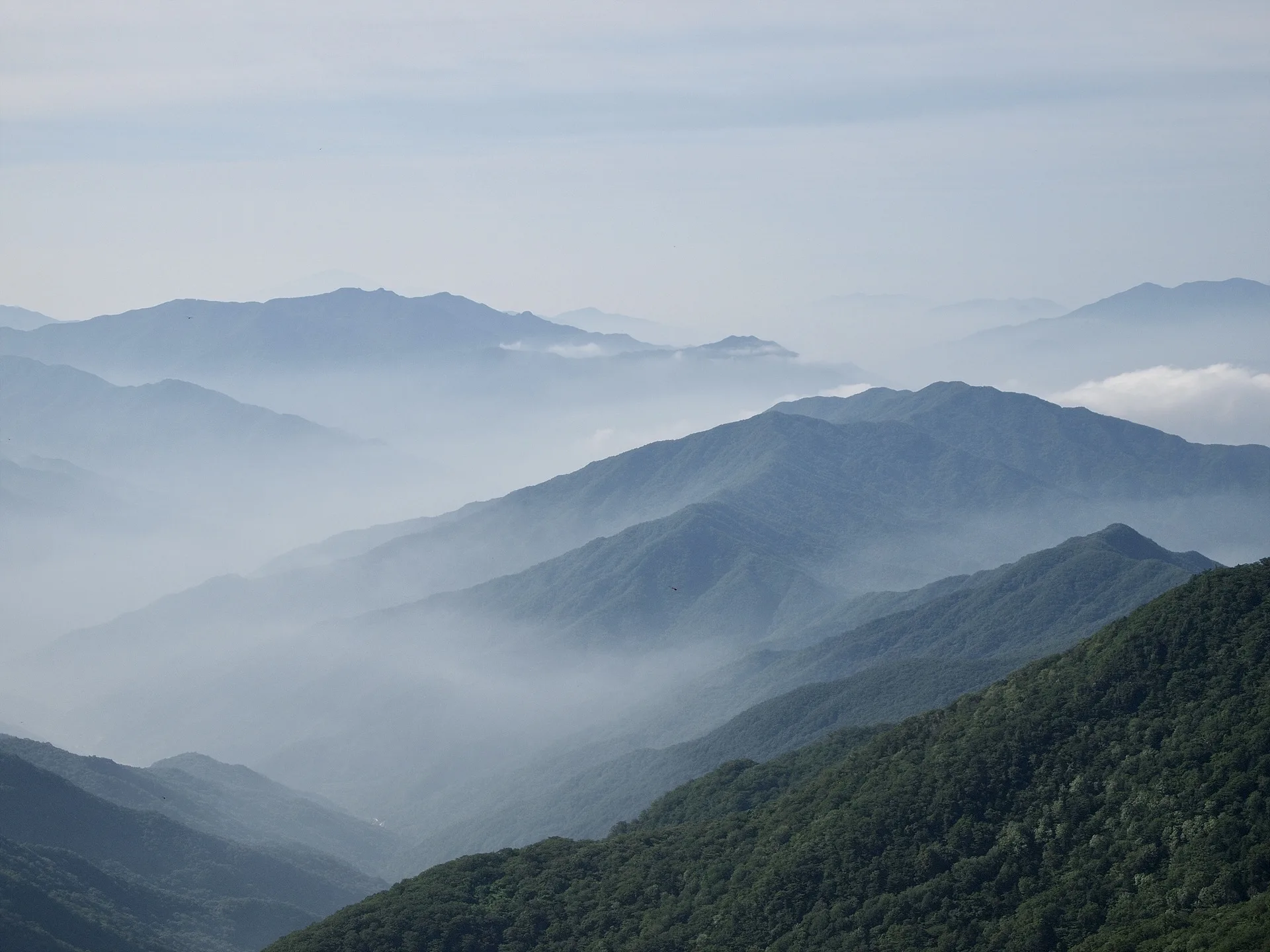 안개 속에 잠긴 푸른 산맥의 신비로운 풍경 · 2009-07-22