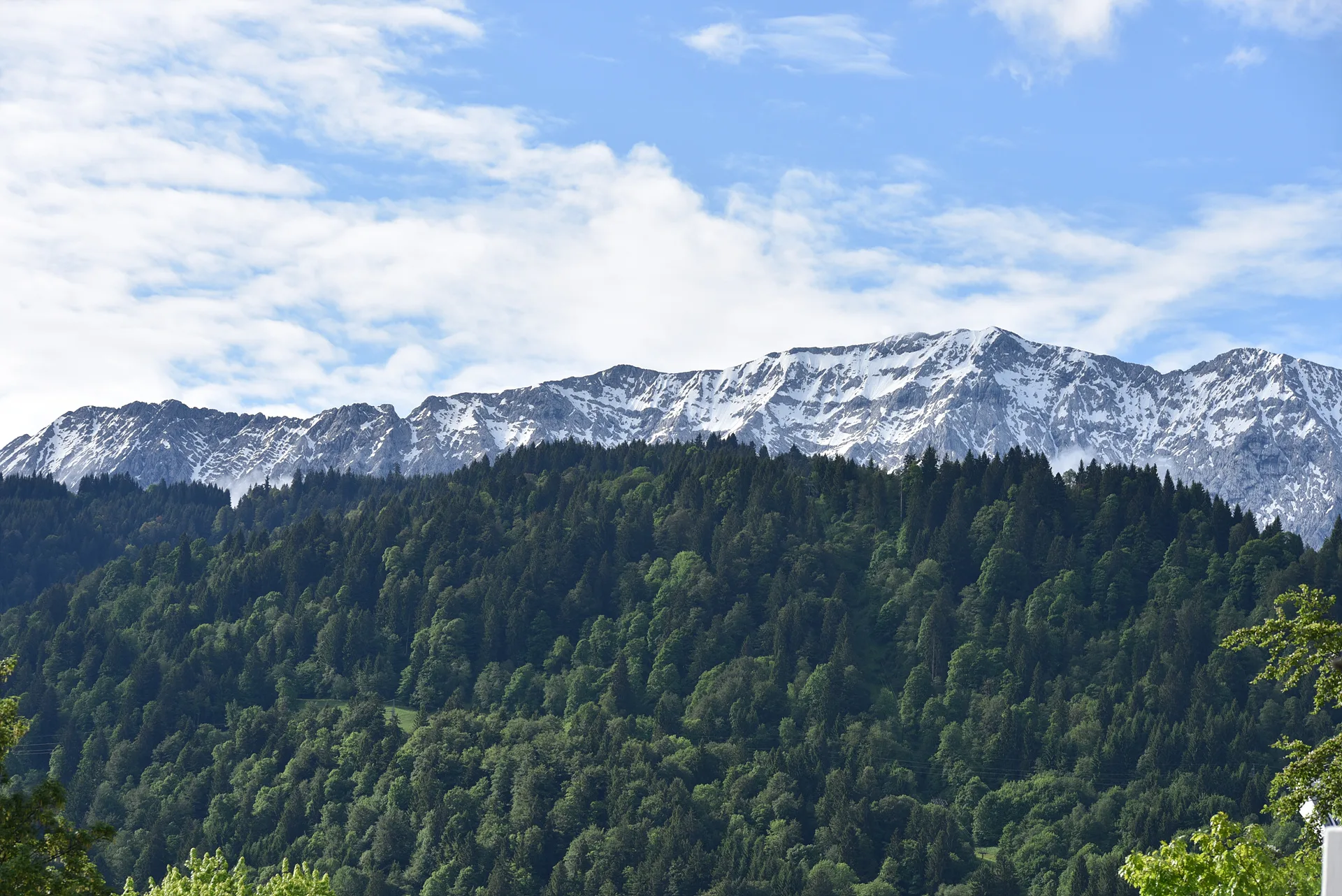 푸른 숲과 설산이 어우러진 웅장한 골짜기 풍경 · Zugspitze, 가르미슈파르텐키르헨, 바이에른, 독일 · 2016-05-31