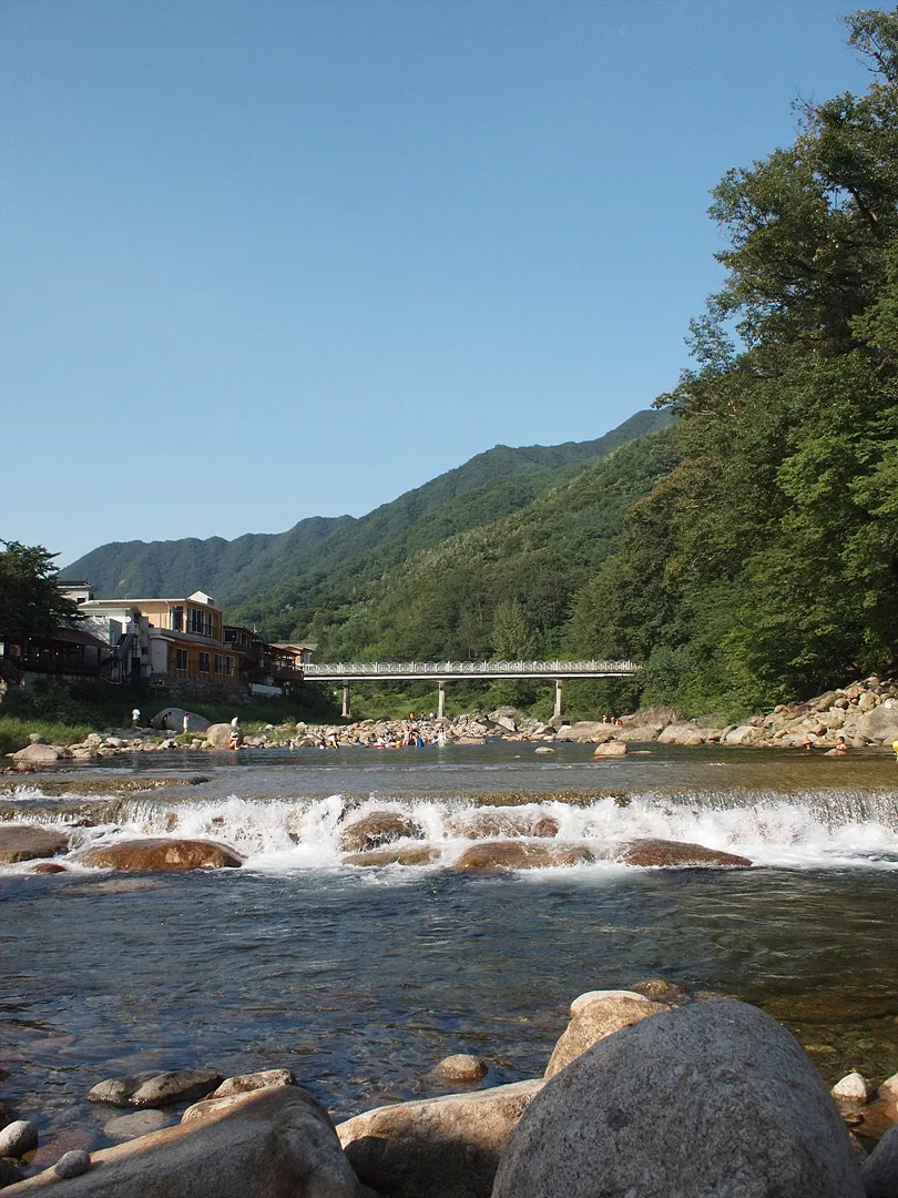 푸른 산과 시원한 급류가 어우러진 여름 계곡 풍경 · 2009-08-22