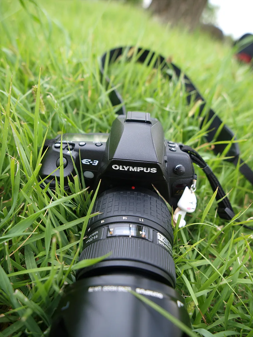 푸른 잔디 위에 놓인 올림푸스 DSLR 카메라 · 2009-09-06